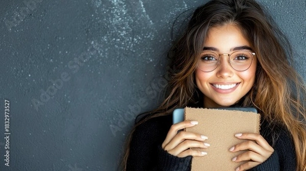 Fototapeta A young woman with glasses smiles broadly while holding a book. She is leaning against a textured gray wall, creating a portrait.