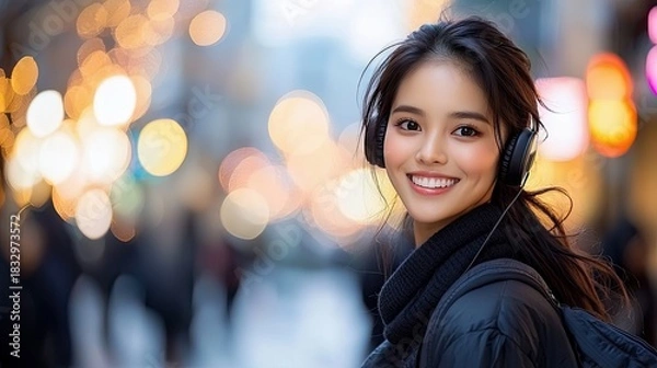 Fototapeta A young woman wearing headphones smiles at the camera while standing on a city street at night. Bokeh lights are visible in the background.