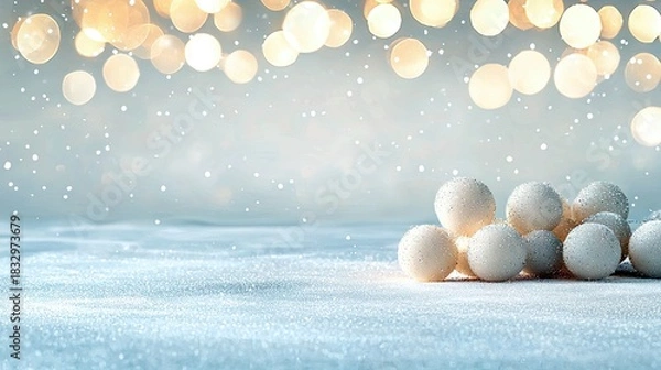Fototapeta A winter scene with snowballs, snow, bokeh lights, and snowflakes. The image evokes a sense of winter and the holiday season.