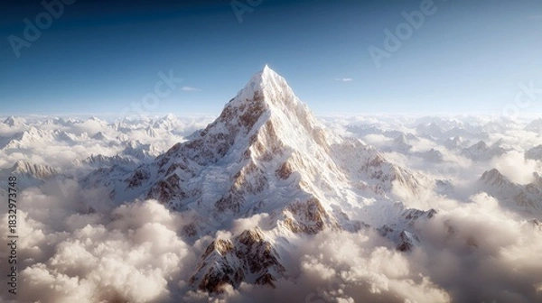 Fototapeta A majestic snow-covered mountain peak rises above a sea of clouds under a clear blue sky, illuminated by bright sunlight.