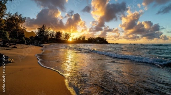 Obraz Golden Sunset over Tropical Beach with Dramatic Clouds and Shimmering Water