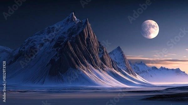Fototapeta A landscape photograph of snow-covered mountains with a full moon in the night sky. The scene is illuminated by the moon and the sky has a gradient of colors.
