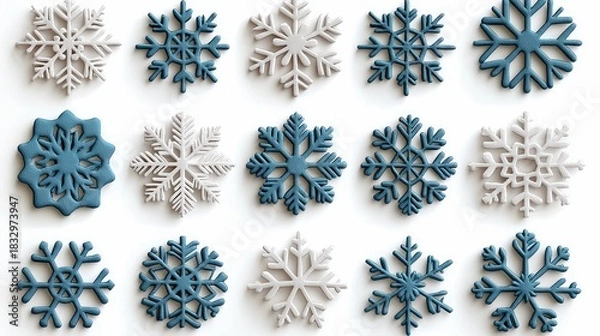 Fototapeta A collection of snowflakes in various shades of blue and white are arranged on a white background, creating a wintery pattern.