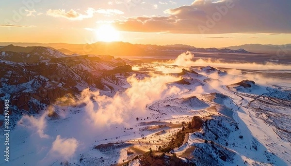 Fototapeta Aerial view of snow-covered mountains with clouds illuminated by a golden sunset. The sun's rays create a warm, peaceful atmosphere.