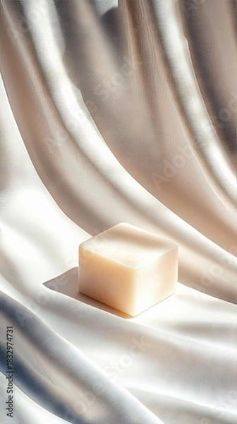 Fototapeta A square soap bar rests on a draped silk fabric, illuminated by soft studio lighting, creating gentle shadows.