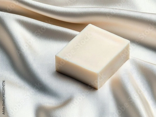 Fototapeta A bar of soap rests on a white silk fabric, with soft lighting.