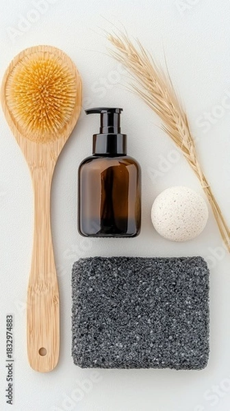 Fototapeta A top-down view of spa products including a wooden brush, a bottle, a pumice stone, and a wheat stalk, arranged on a white background.