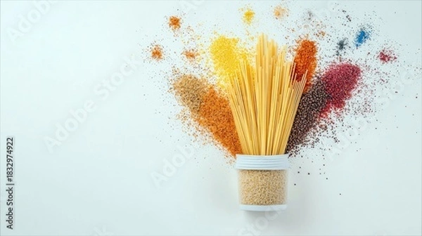 Fototapeta Overhead shot of spaghetti, various colorful spices, and a jar on a white background. The composition is artistic and vibrant, with a focus on food and ingredie