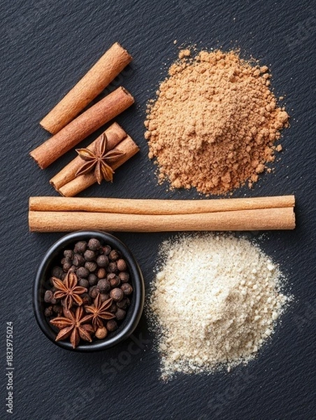 Fototapeta Overhead shot of various spices and herbs, including cinnamon sticks, star anise, peppercorns, and ground spices, arranged on a dark surface.