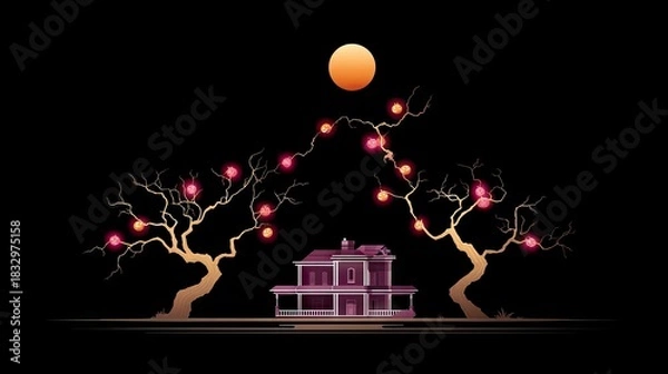 Fototapeta Illustration of a house with trees and glowing orbs under a full moon at night. The scene is dark and mysterious.