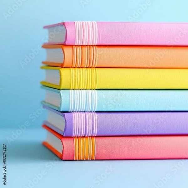 Fototapeta A stack of colorful books with different colored covers against a blue background, representing education and learning.