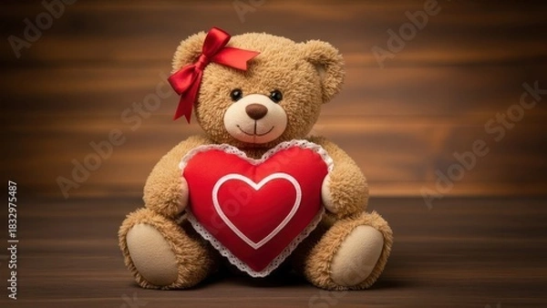 Obraz A charming brown teddy bear with a red bow, holding a plush red heart on a wooden floor.