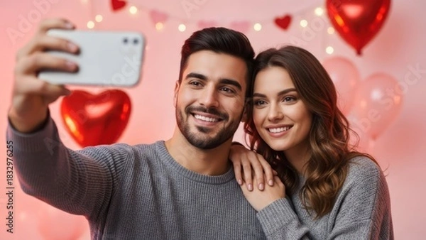 Obraz Happy young couple taking a selfie with a smartphone during a Valentine's Day party.