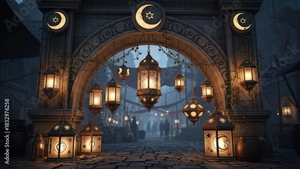 Obraz Mystical Stone Archway with Glowing Crescent Moon Lanterns in a Fantasy Marketplace