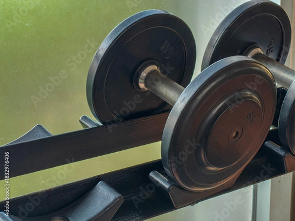 Fototapeta Dumbbells neatly arranged on a gym rack, ready for free weight training, with copy space.