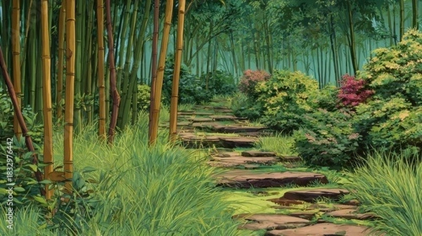 Obraz Pixelated Bamboo Forest Pathway with Greenery and Stone Steps