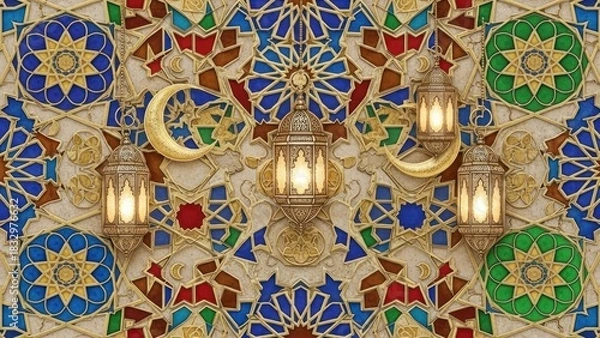 Obraz Golden Ramadan lanterns and crescent moons hanging over a vibrant Islamic geometric tile mosaic wall.