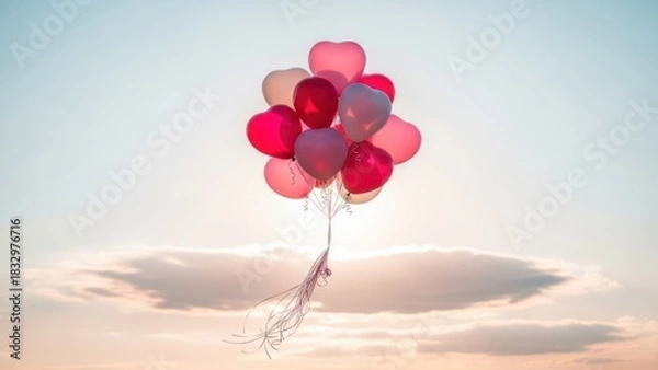 Obraz A romantic bunch of red and pink heart-shaped balloons floating in the sky above the clouds at sunset.
