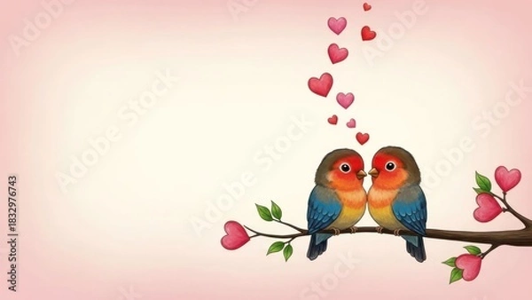 Obraz Two adorable lovebirds perched on a branch with floating red and pink hearts.
