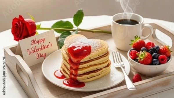 Obraz Romantic Valentine's Day breakfast with heart-shaped pancakes, a red rose, and coffee on a tray.
