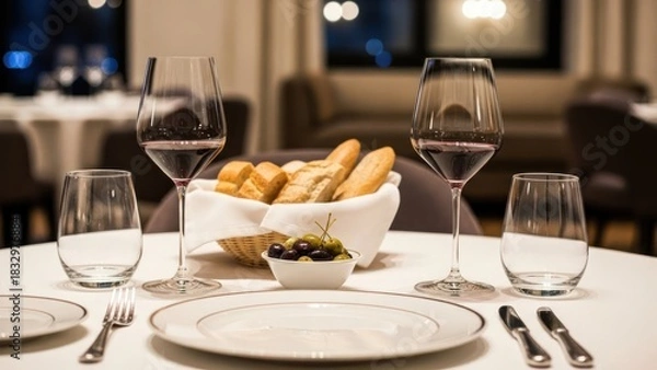 Obraz Elegant fine dining table set for two with red wine, fresh bread, and olives.
