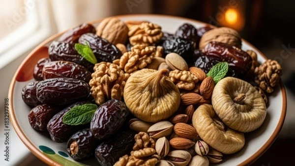 Obraz Close-up of a festive platter with dates, figs, walnuts, almonds, and pistachios.