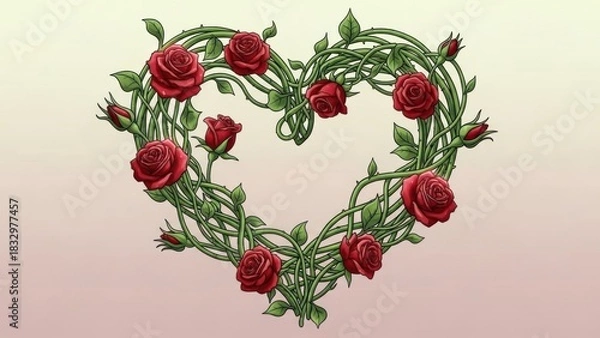 Obraz A beautiful heart-shaped wreath of blooming red roses and tangled green vines with sharp thorns.