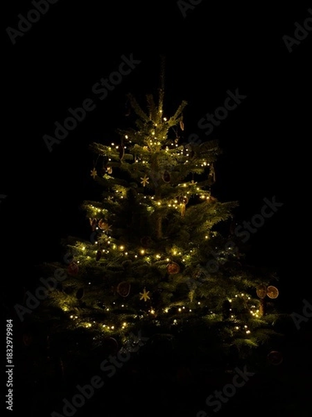 Fototapeta Christmas tree glowing in the dark with warm lights and natural ornaments. Soft illumination highlights the branches and creates a calm festive mood.