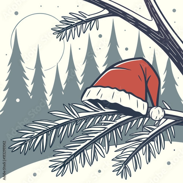 Fototapeta Christmas vector with santa hat on snowy forest branch. Festive and whimsical, suitable for holiday cards, social media graphics, and winterthemed designs.
