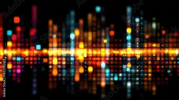Fototapeta LED light grid abstract showing glowing pixelated square matrix, futuristic digital display background with modern tech and cyber themes in vibrant colors.
