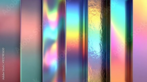 Fototapeta Holographic gradient or color shift textures showing iridescent pastel blends, rainbow effects, and shimmering light refraction for modern graphic design.