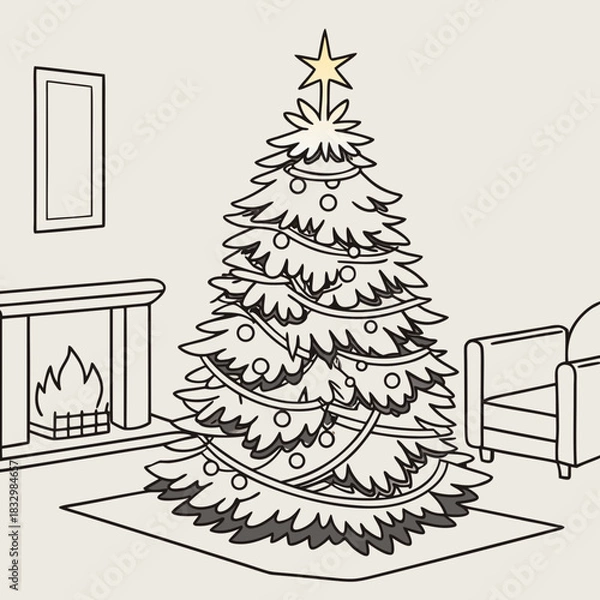 Fototapeta Christmas tree vector with cozy decorated tree in a warm room, suitable for holiday greeting cards, social media posts.