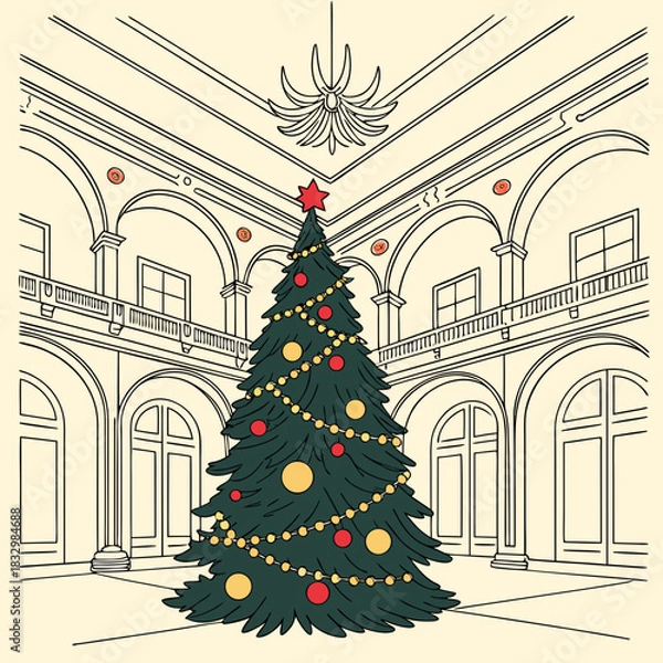 Fototapeta Christmas tree adorned with ornaments in a grand hall is perfect for festive holiday designs, greeting cards, and decorations.