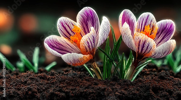 Obraz Beautiful crocuses blooming in the early spring soil