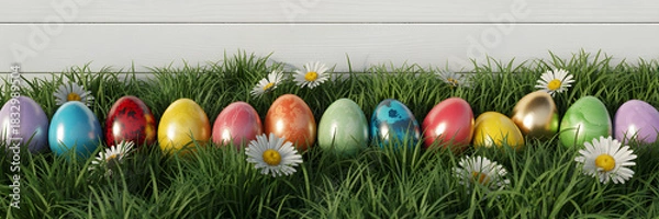 Fototapeta Colorful easter eggs lined up in green grass with daisies