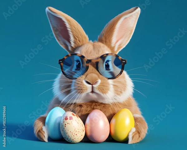 Fototapeta Cool easter bunny wearing sunglasses with colorful eggs