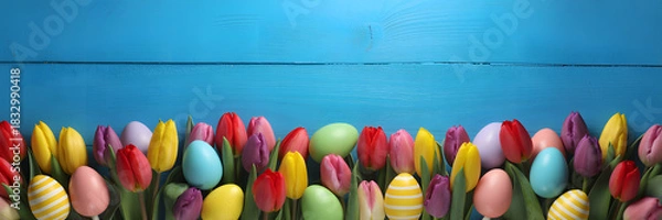 Fototapeta Colorful easter eggs and tulips border on rustic blue wooden background
