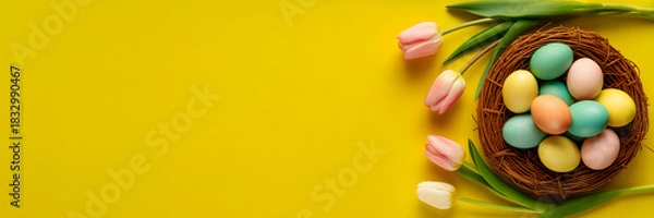 Fototapeta Easter nest filled with pastel colored eggs and tulips on yellow background