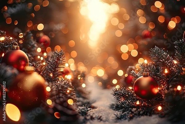 Obraz A cinematic digital image of warm golden and red Christmas ball with bokeh bright