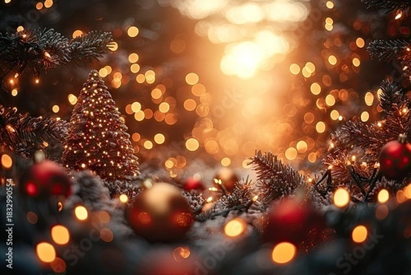 Obraz A cinematic digital image of warm golden and red Christmas ball with bokeh bright