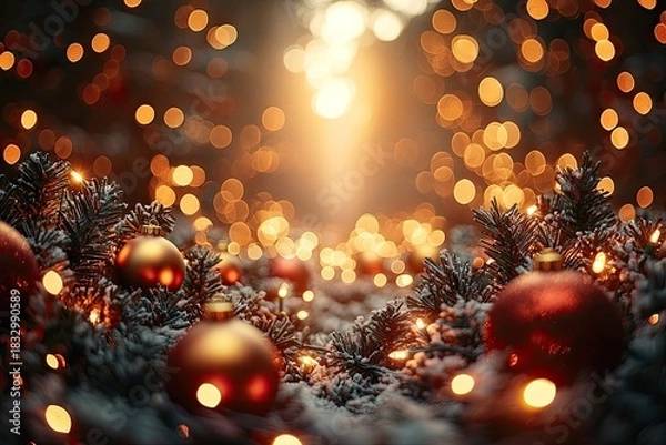 Obraz A cinematic digital image of warm golden and red Christmas ball with bokeh bright