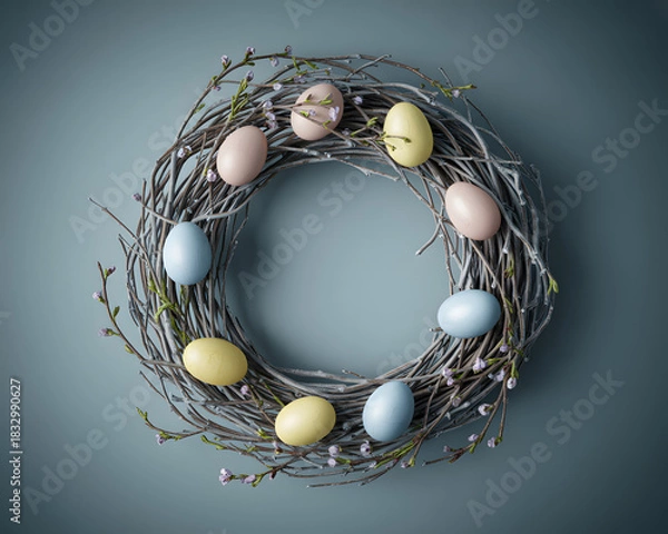 Fototapeta Rustic easter wreath adorned with pastel colored eggs and twigs