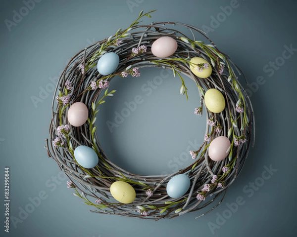 Fototapeta Rustic easter wreath adorned with pastel colored eggs and twigs