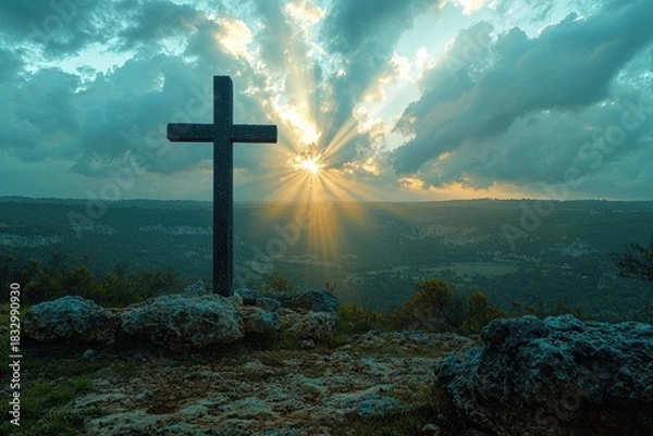 Obraz A cinematic landscape shot of a lone cross overlooking a wide angle