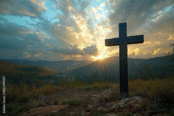 Obraz A cinematic landscape shot of a lone cross overlooking a wide angle