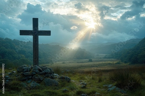 Obraz A cinematic landscape shot of a lone cross overlooking a wide angle