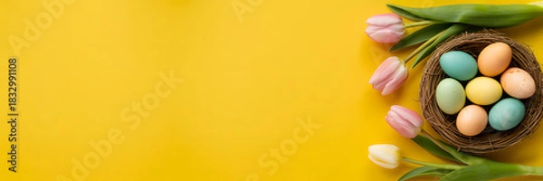 Fototapeta Easter nest with colorful eggs and tulips on a bright yellow background