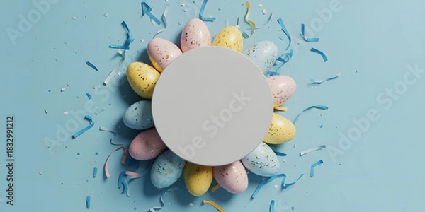 Fototapeta Pastel easter eggs arranged around a blank oval shape on blue