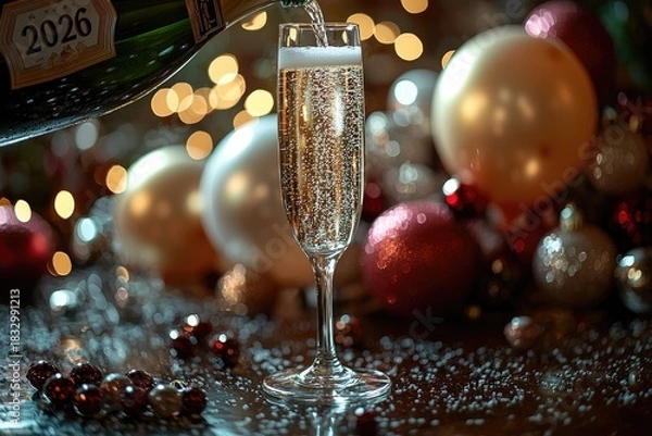 Obraz A cinematic of champagne being poured into a tall glass