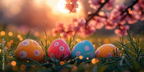 Obraz A close-up nature photograph of colorful painted Easter eggs